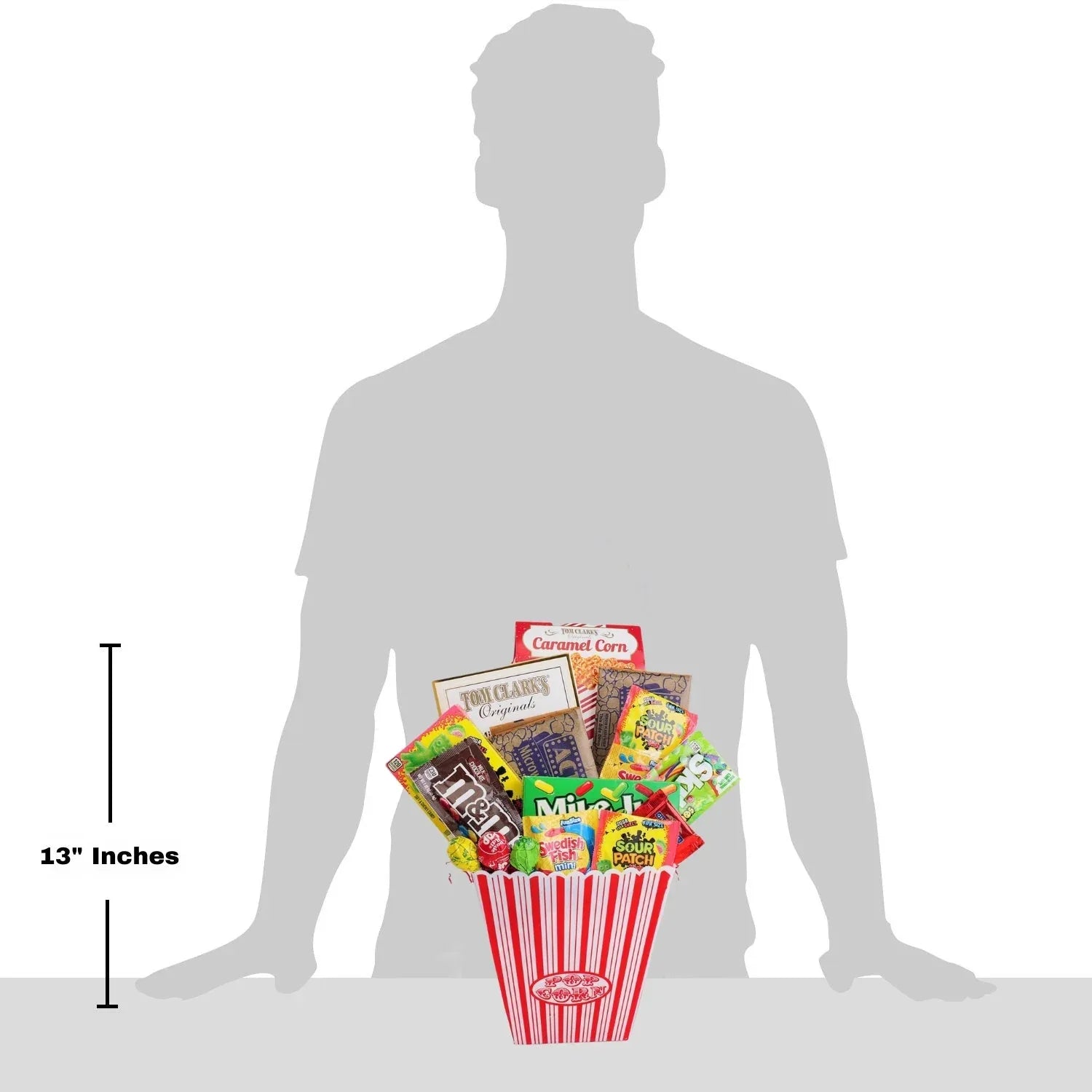 Gift basket (13 in) with red striped tub, assorted candies and caramel corn bag