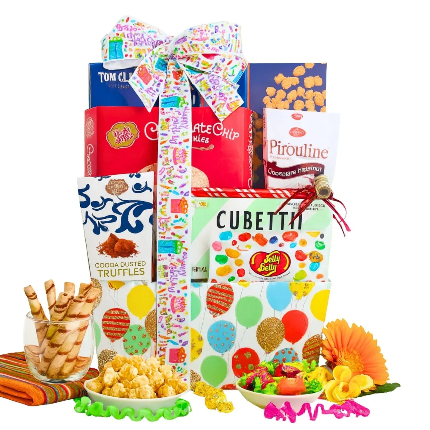 Let’s Celebrate! Birthday gift tote with colorful ribbon and assorted sweets