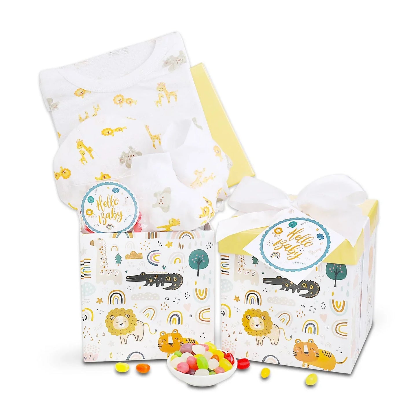 Baby gift box set with white jungle onesie, “Hello Baby” circle label, candy balls