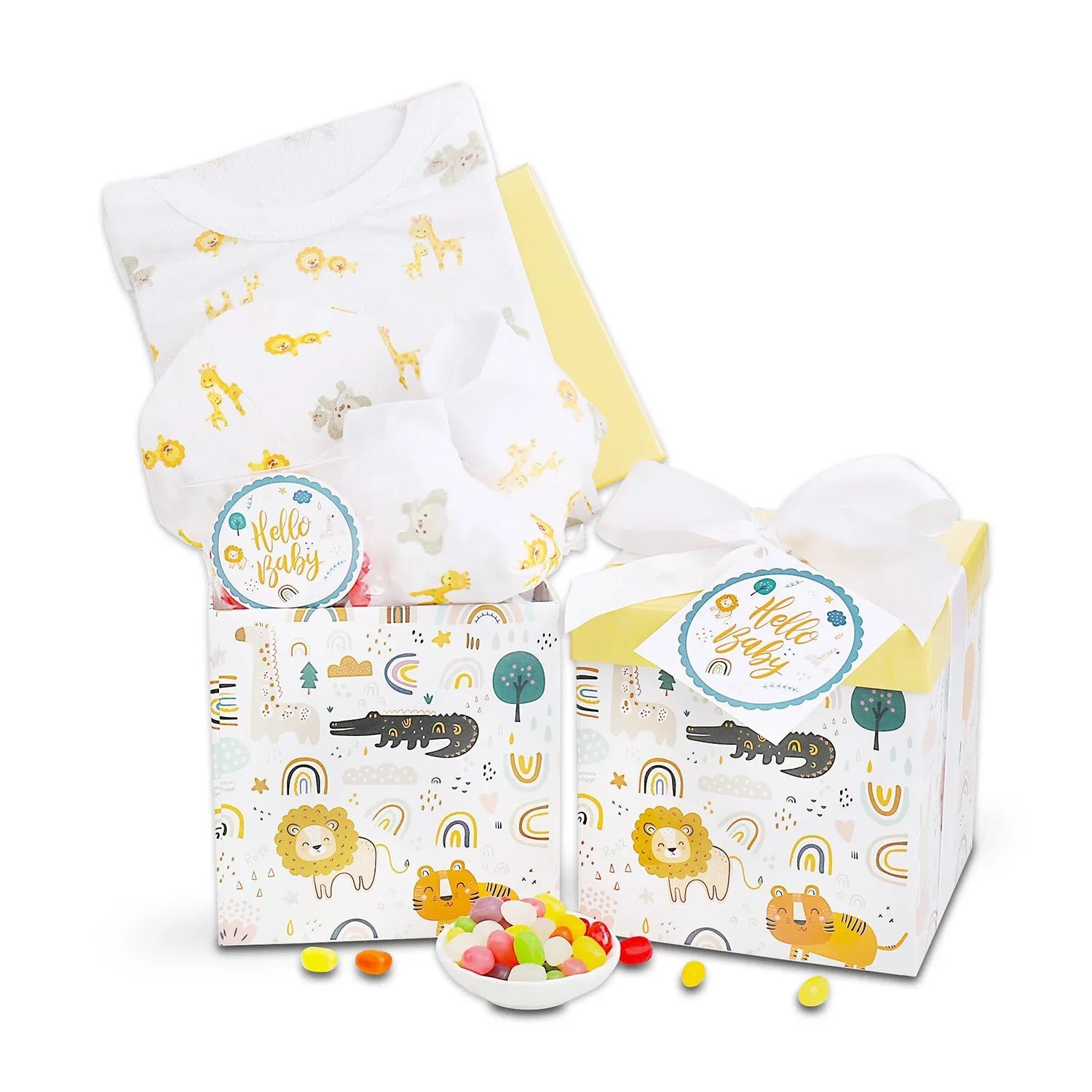Baby gift box set with white jungle onesie, “Hello Baby” circle label, candy balls