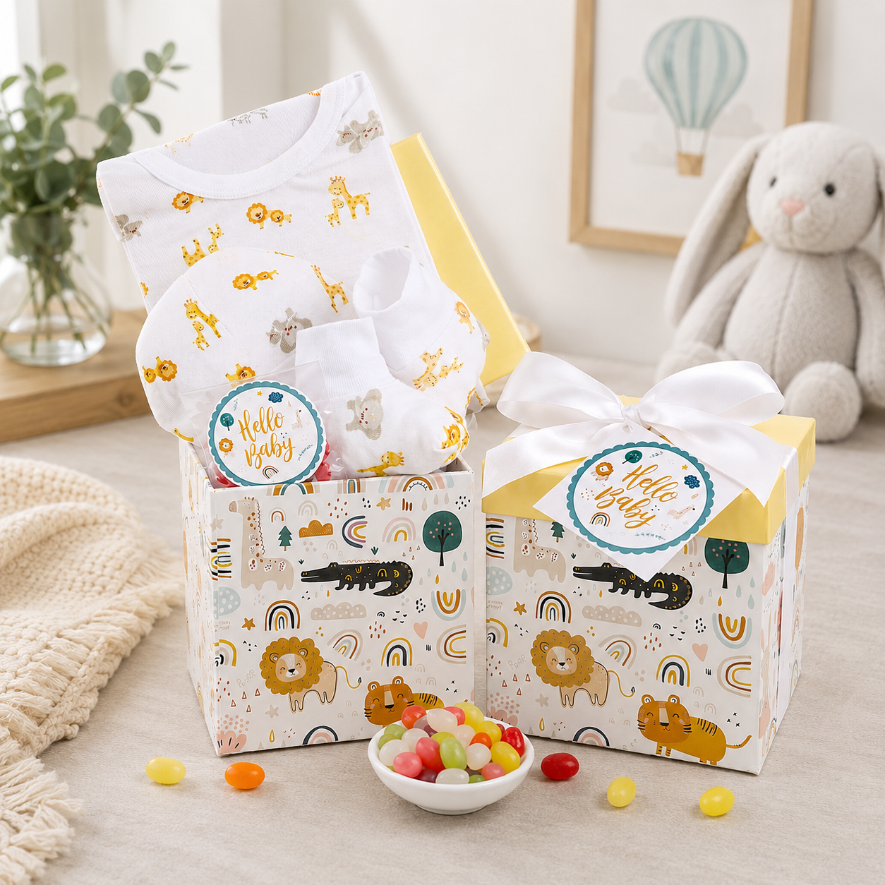 Baby gift basket with jungle animal print, Hello Baby tag, tissue wrap