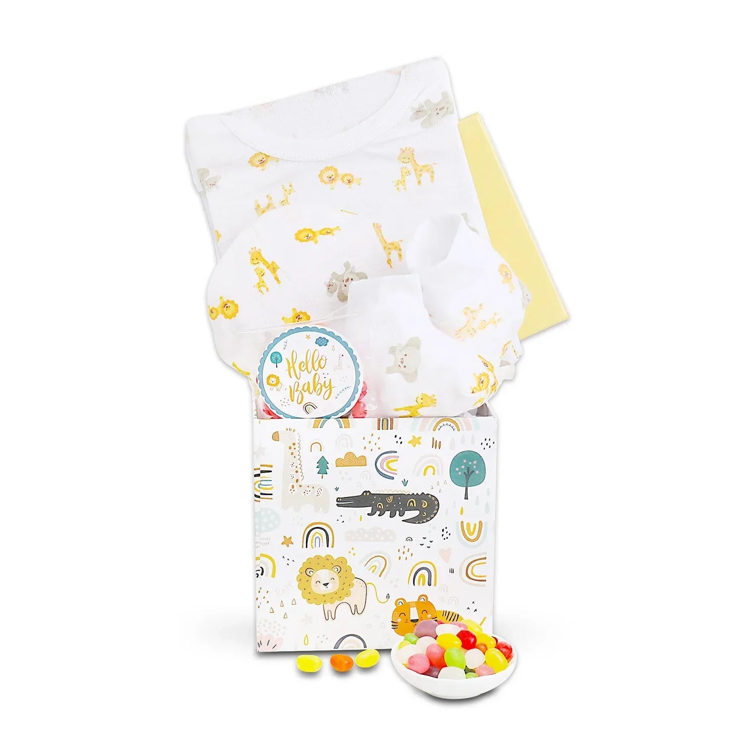 Baby gift box with white jungle onesie, “Hello Baby” tag, multicolor candy balls