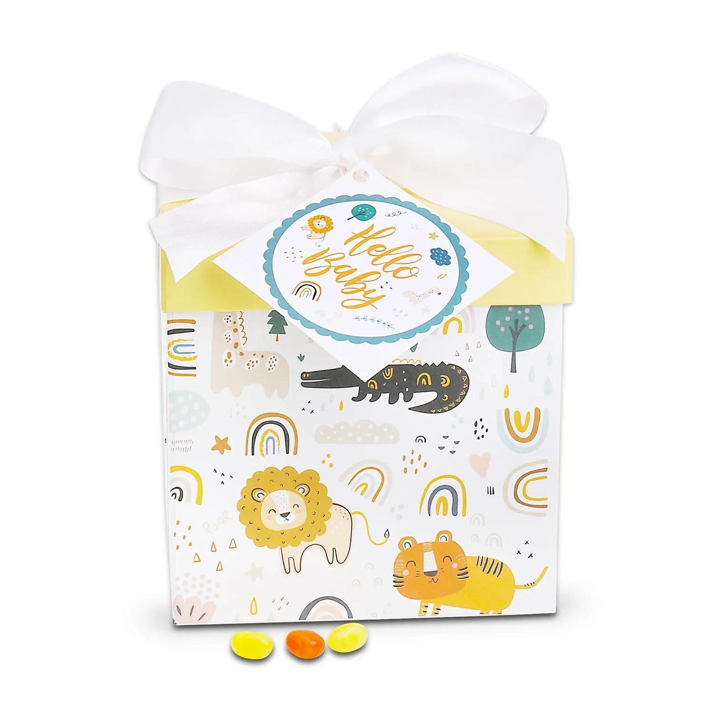 Baby gift box with jungle animal print, blue “Hello Baby” ribbon label, white bow