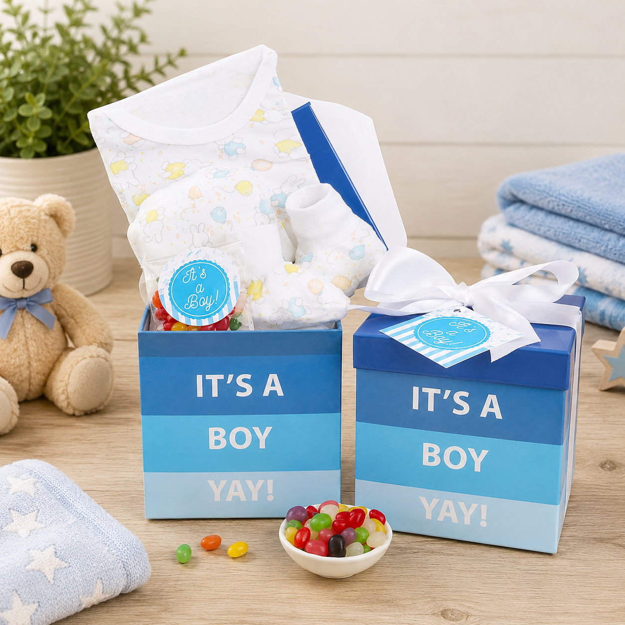 New baby gift basket with blue 'It's a Boy' box, onesie, and candy dish