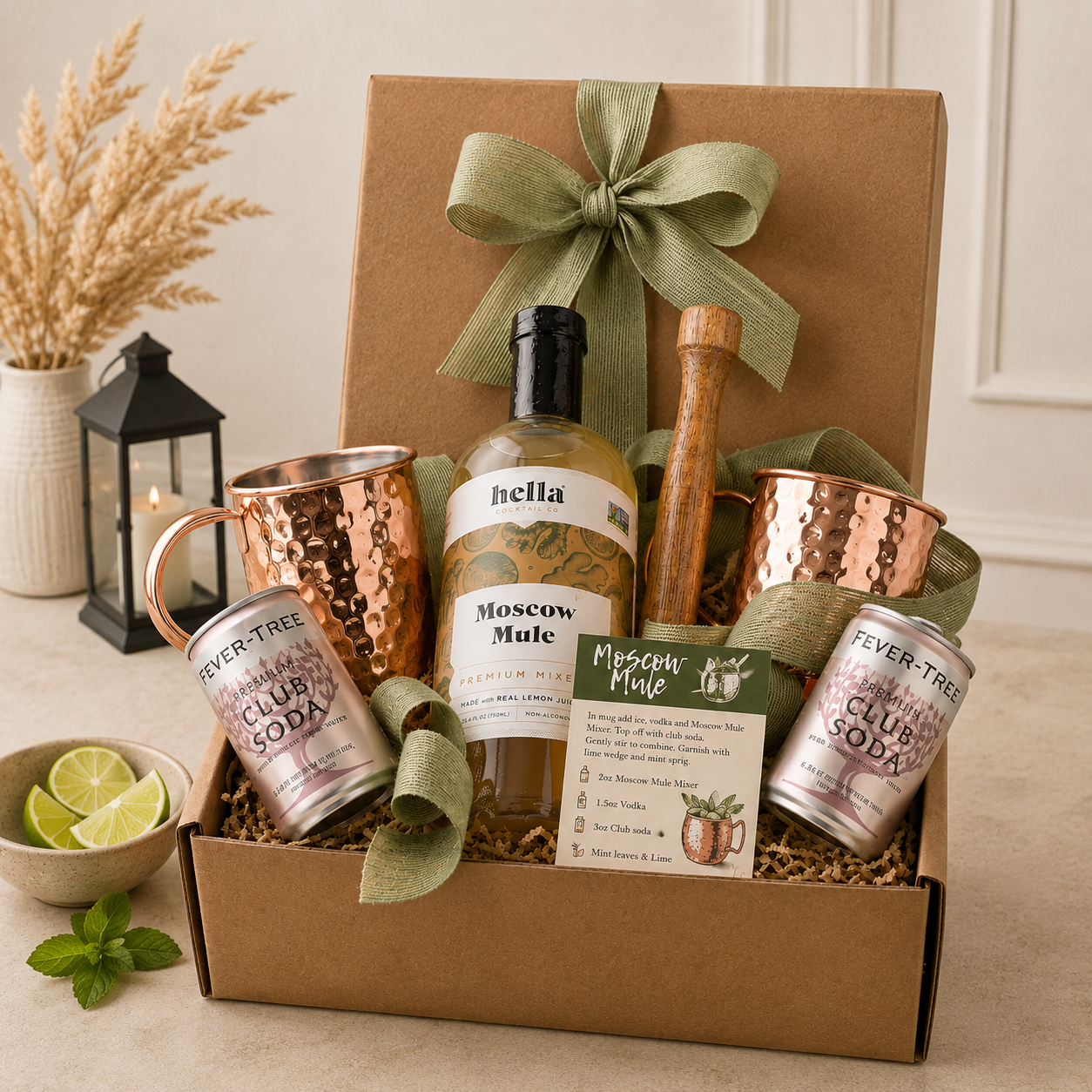 Moscow mule gift box with copper hammered mugs, bottle, and sage ribbon in kraft box