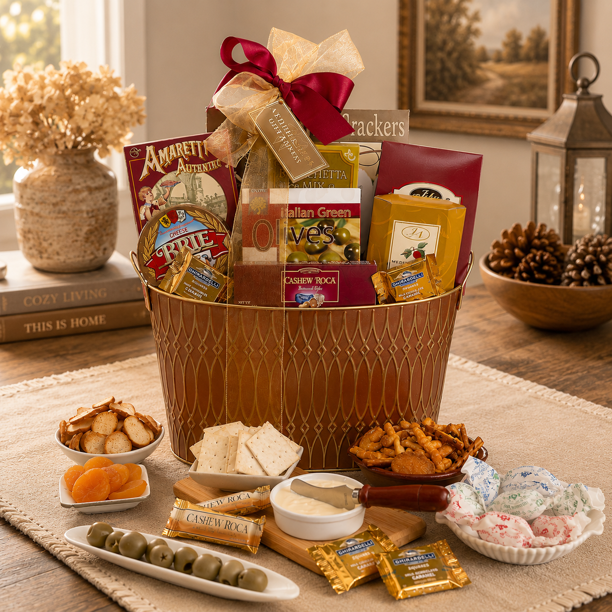 Gift basket with wicker container filled with cheese, crackers, olives, and a red ribbon bow