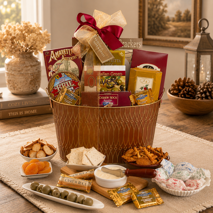 Gift basket with wicker container filled with cheese, crackers, olives, and a red ribbon bow