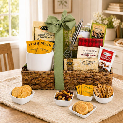 Gift basket with woven base and green bow, soup packets, snack boxes, cookie cups