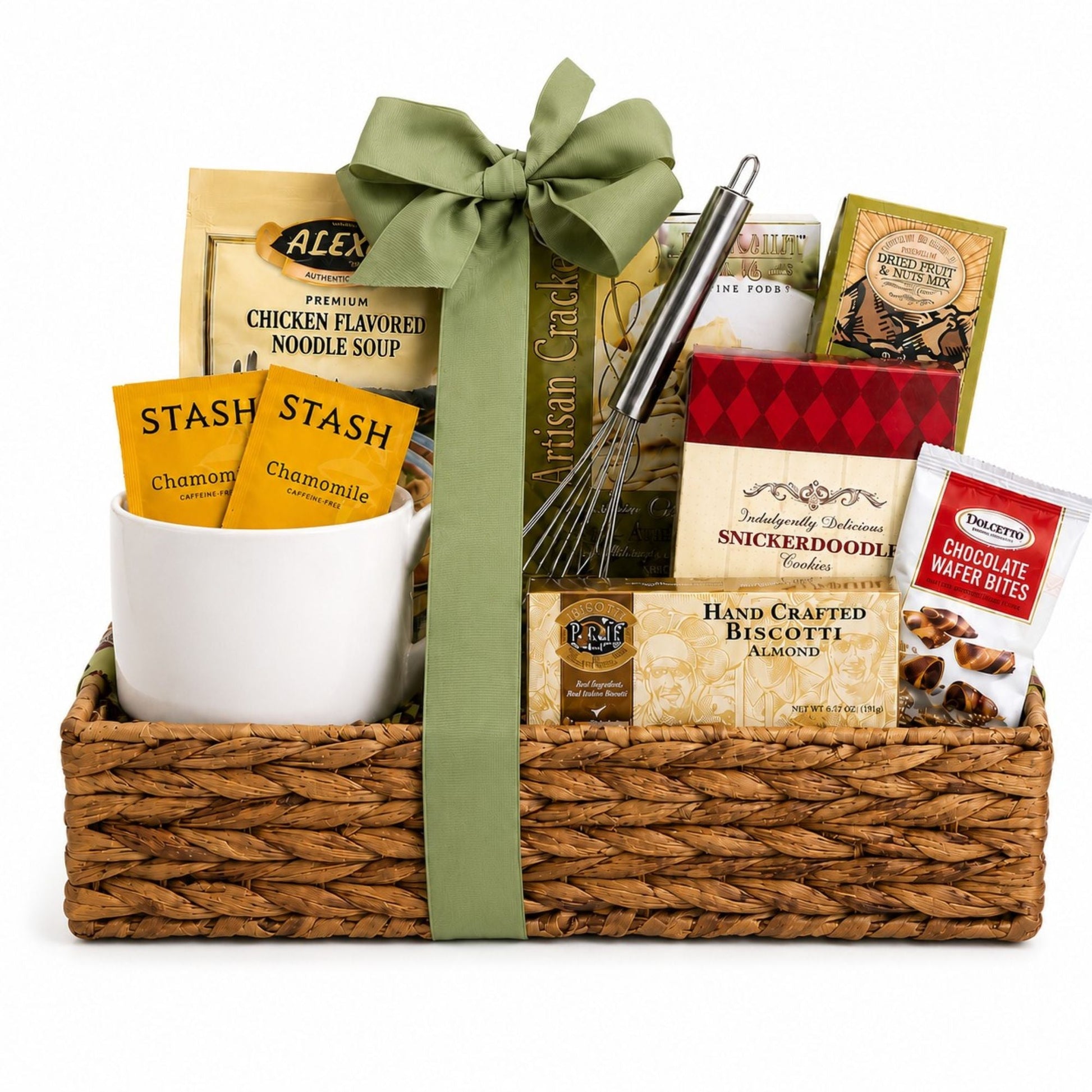 Gift basket with woven base and green bow, noodle soup, biscotti, and chocolate snack bags