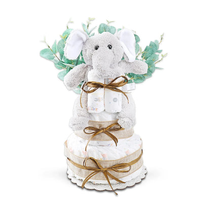 Two-tier diaper cake gift with plush elephant topper, mint-green leaves, ribboned diapers