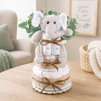 Two-tier baby diaper cake gift with plush elephant, diaper layers, leaf accents, ribbon ties