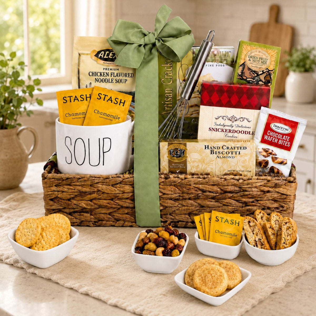 Comfort gift basket with soup, crackers, cookies, and assorted snack bags, tied with bow
