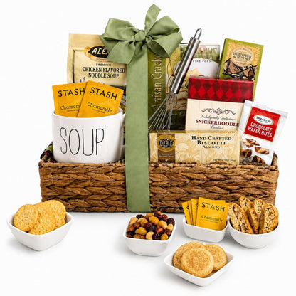 Comfort gift basket featuring noodle soup pouch, biscotti bag, and cookie mix, with bow