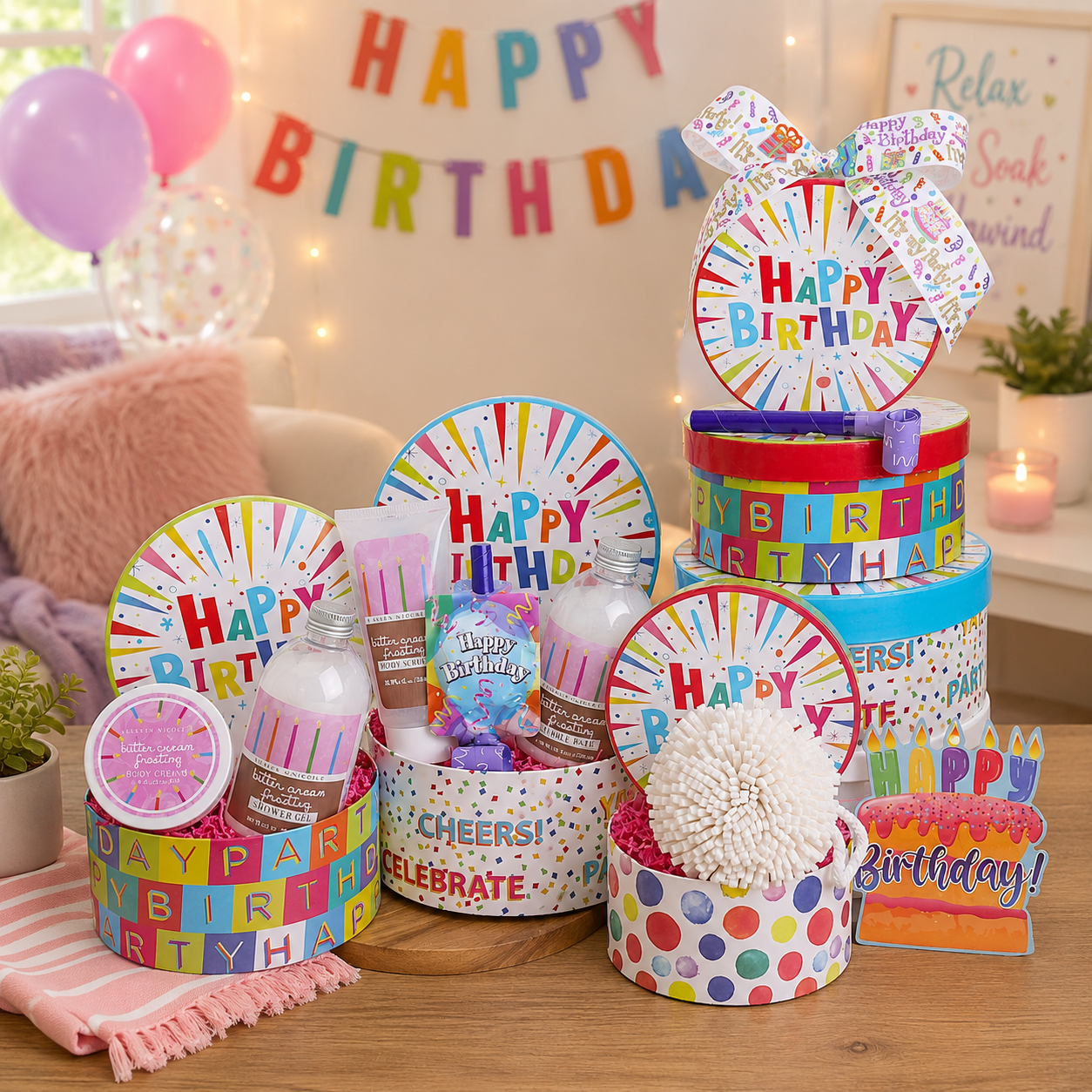 Happy Birthday spa gift tower with stacked tins, shower balls, and balloon topper