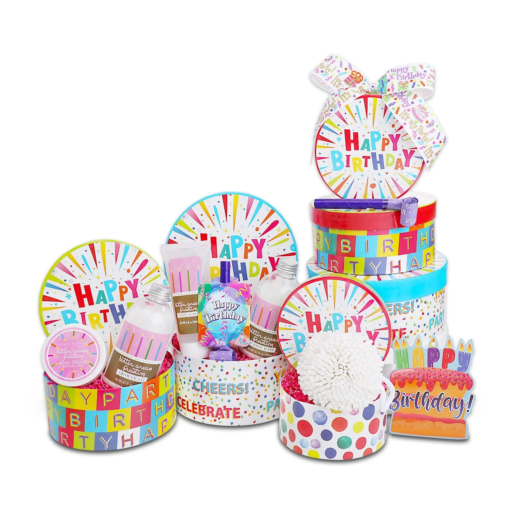Happy Birthday spa gift tower with colorful 'Happy Birthday' containers and bath items