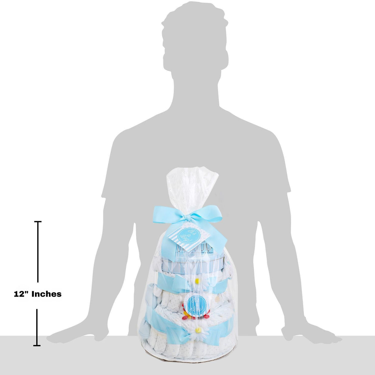 Blue two-tier diaper cake with 12 in height, shown with person silhouette