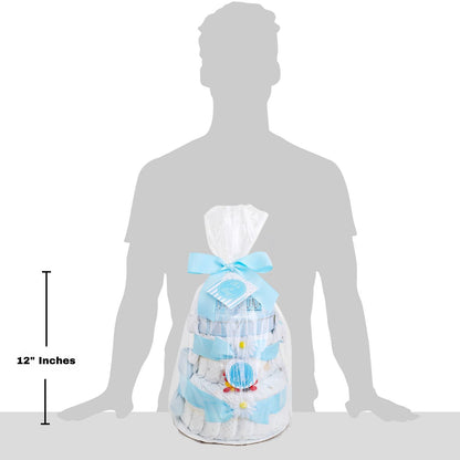 Blue two-tier diaper cake with 12 in height, shown with person silhouette