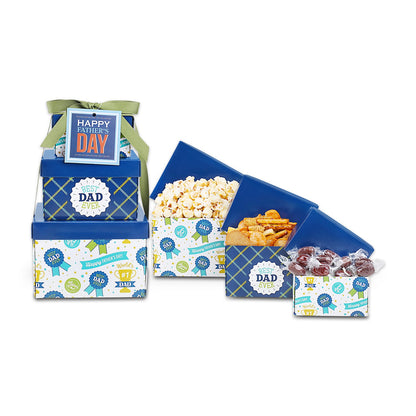 Father's Day snack gift tower with blue patterned boxes, ribbon, popcorn and fries trays