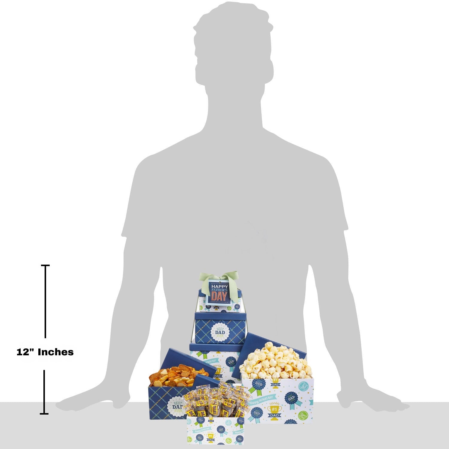 Father's Day snack gift tower set of blue gift boxes with snack items arranged in stack