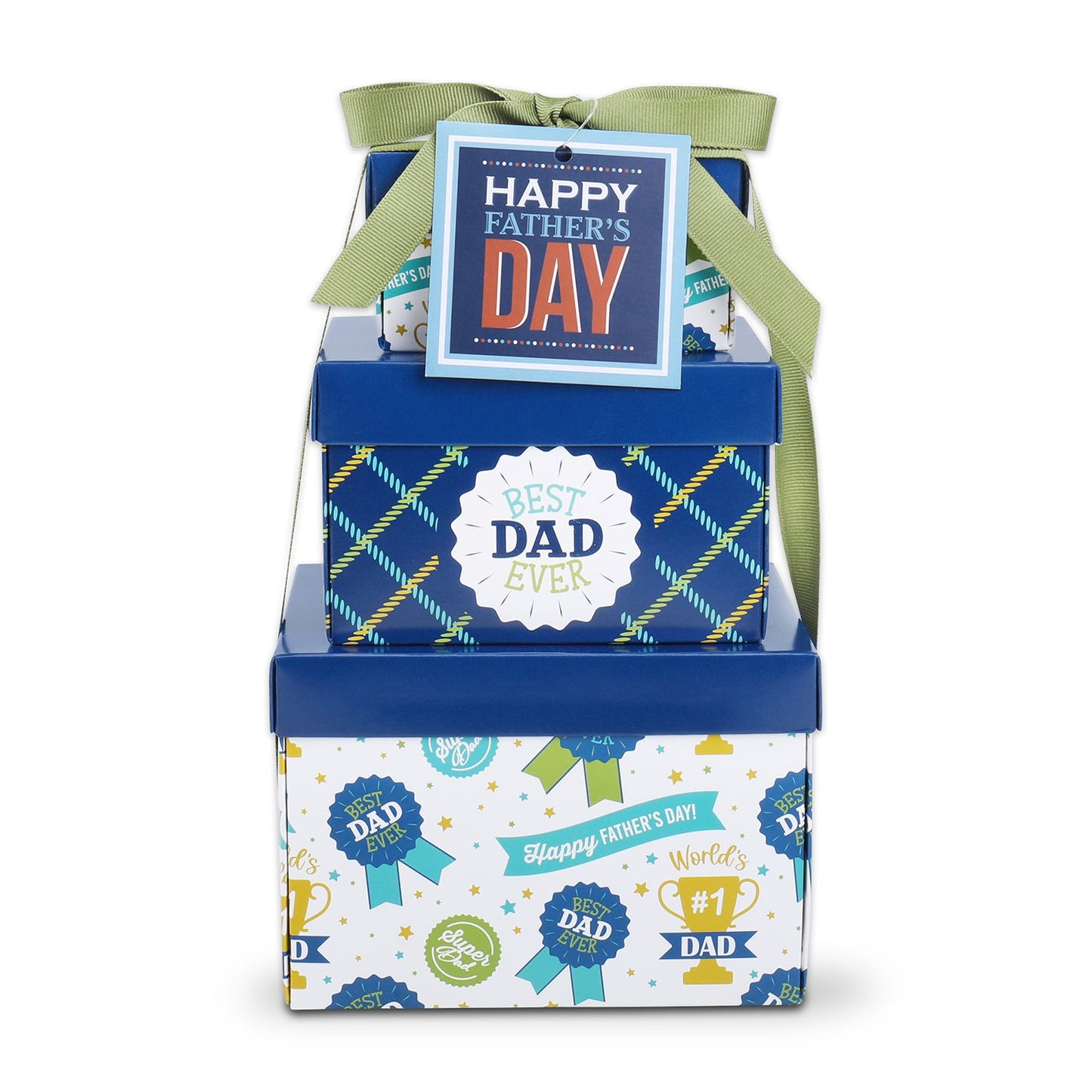 Father's Day snack gift tower with blue boxes, green ribbon bow, and “Happy Father’s Day” card