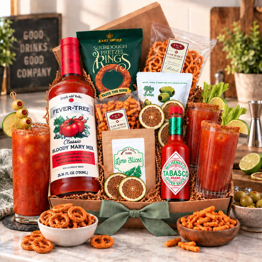 Bloody Mary cocktail gift box with mix, snacks, two glasses, and garnishes