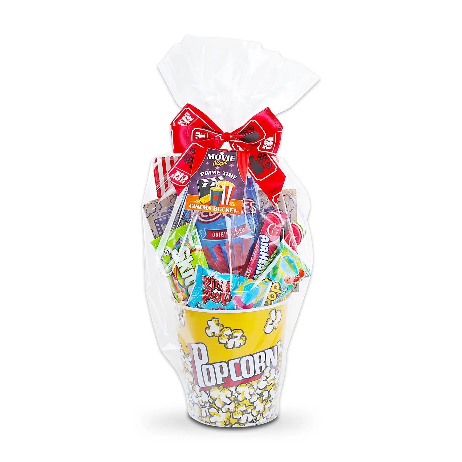 Pop-ular Movie Night Geschenkset in Zellophan mit roter Schleife, Popcorn-Becher und Tüten