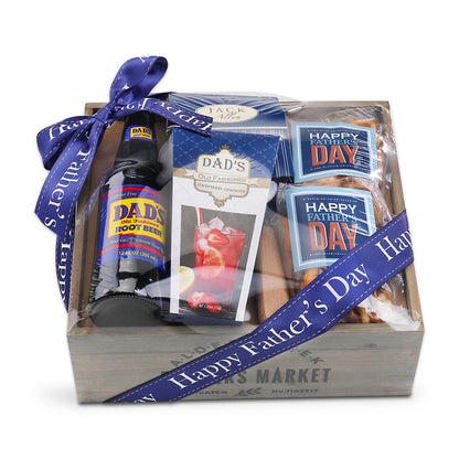 Father's Day gift basket with bottles and snack packages in clear wrap and blue ribbon.