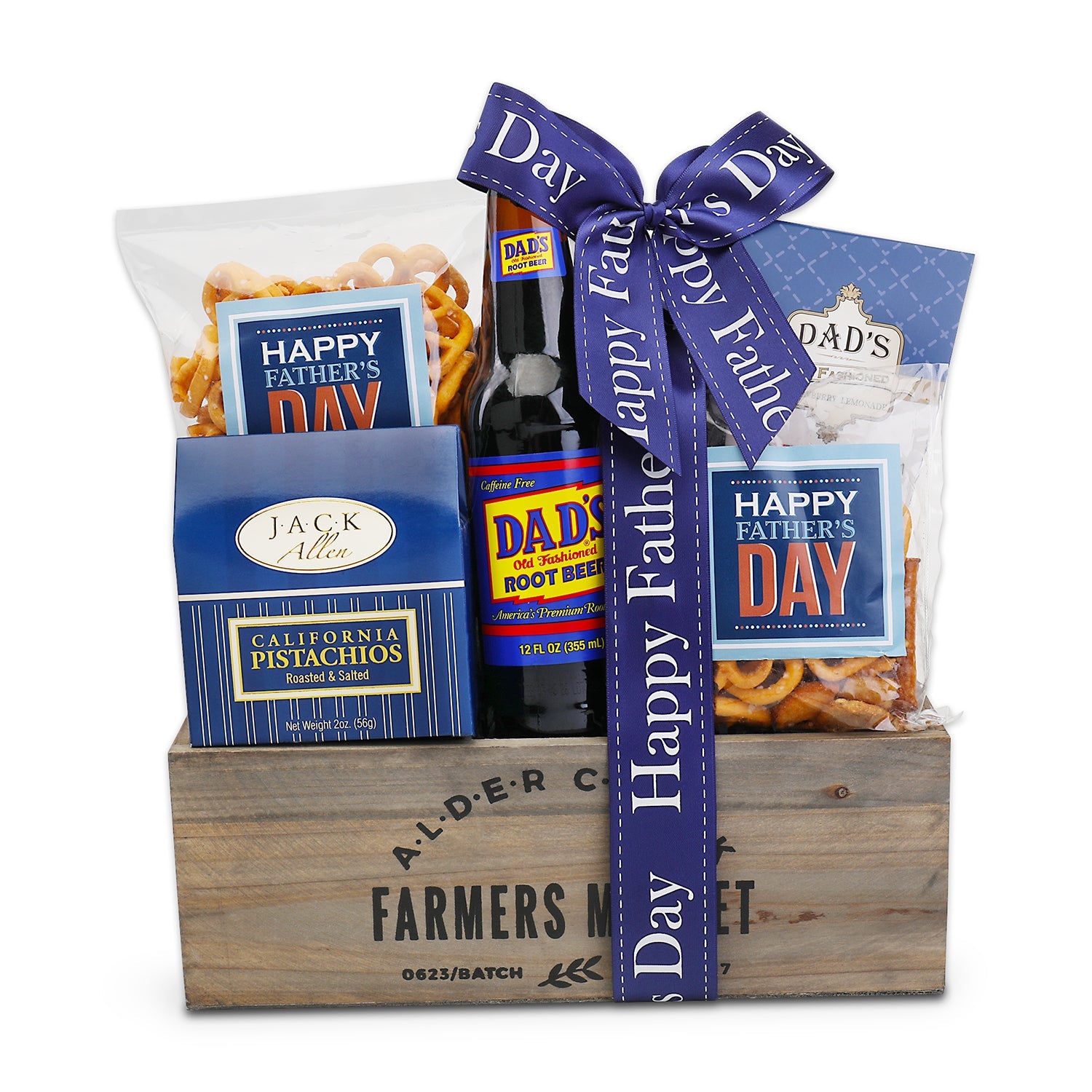 Father's Day gift basket in wooden crate with roasted pistachios, soda, and blue ribbon.
