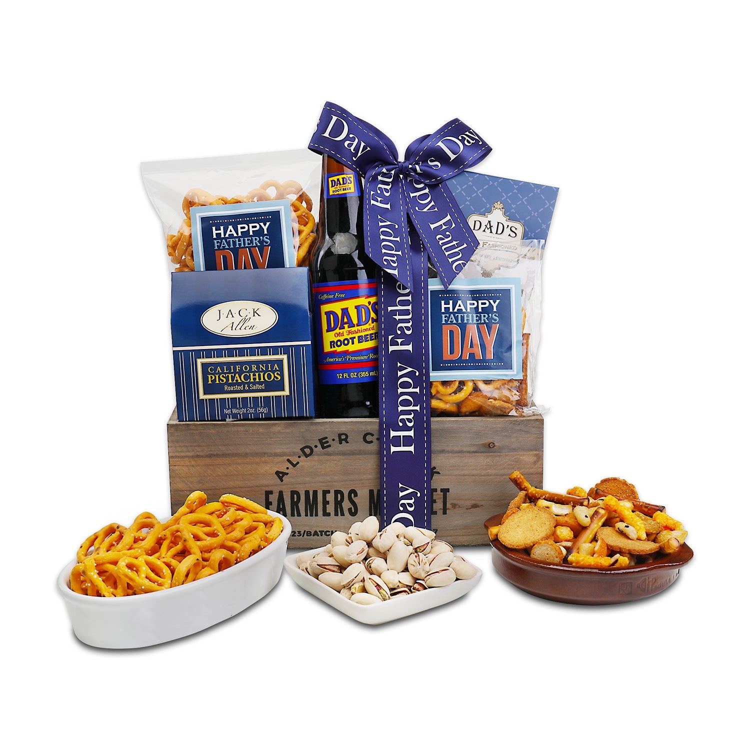 Father's Day gift basket with snack boxes, pretzels, and blue Happy Father's Day ribbon.
