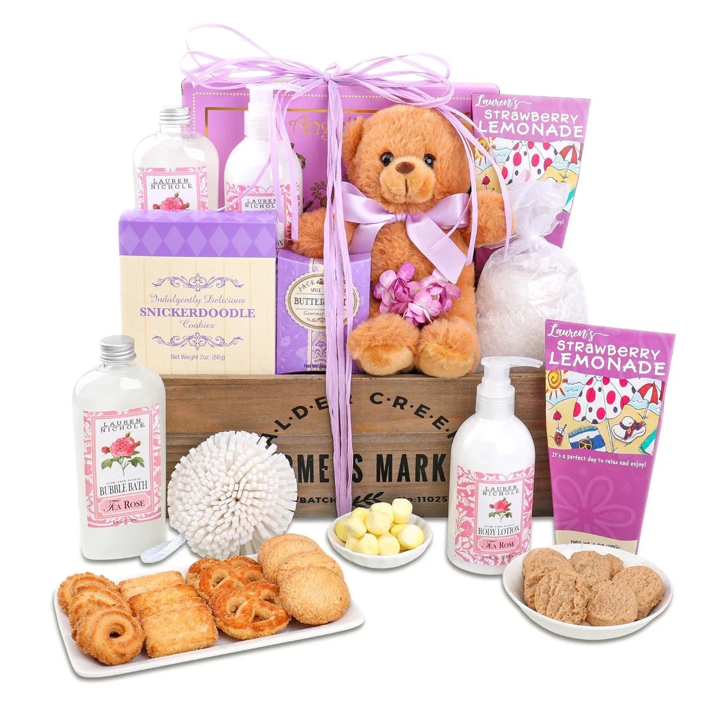 Gift basket with teddy bear, strawberry lemonade, bubble bath, cookies, ribbon