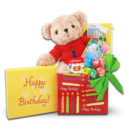 Happy Birthday bear gift box with plush teddy in red sweater and birthday candy assortment