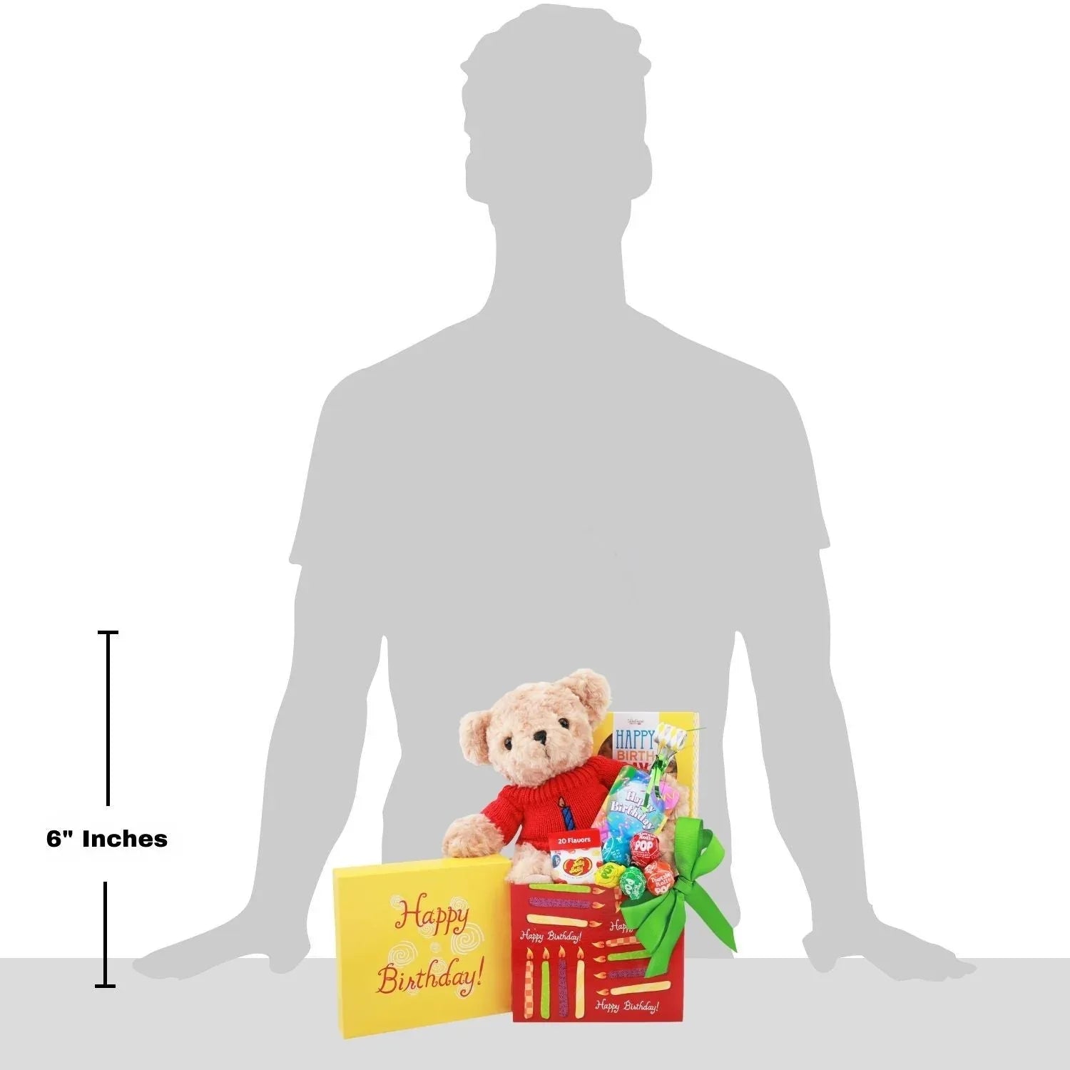 Size 6" happy birthday gift box with plush teddy, wrapped candies and green bow