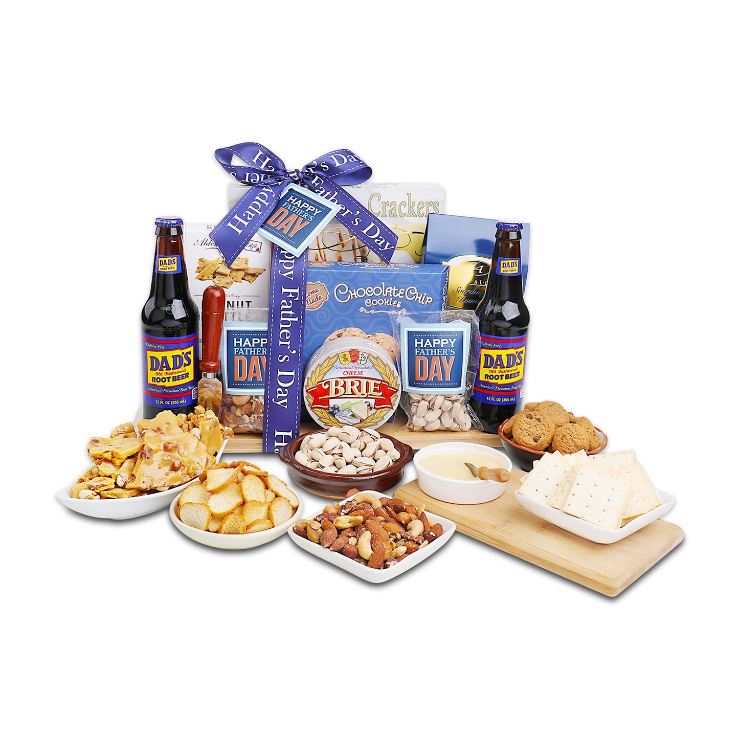 Father's Day gift basket with blue ribbon, assorted snacks, cookies, and root beer bottles