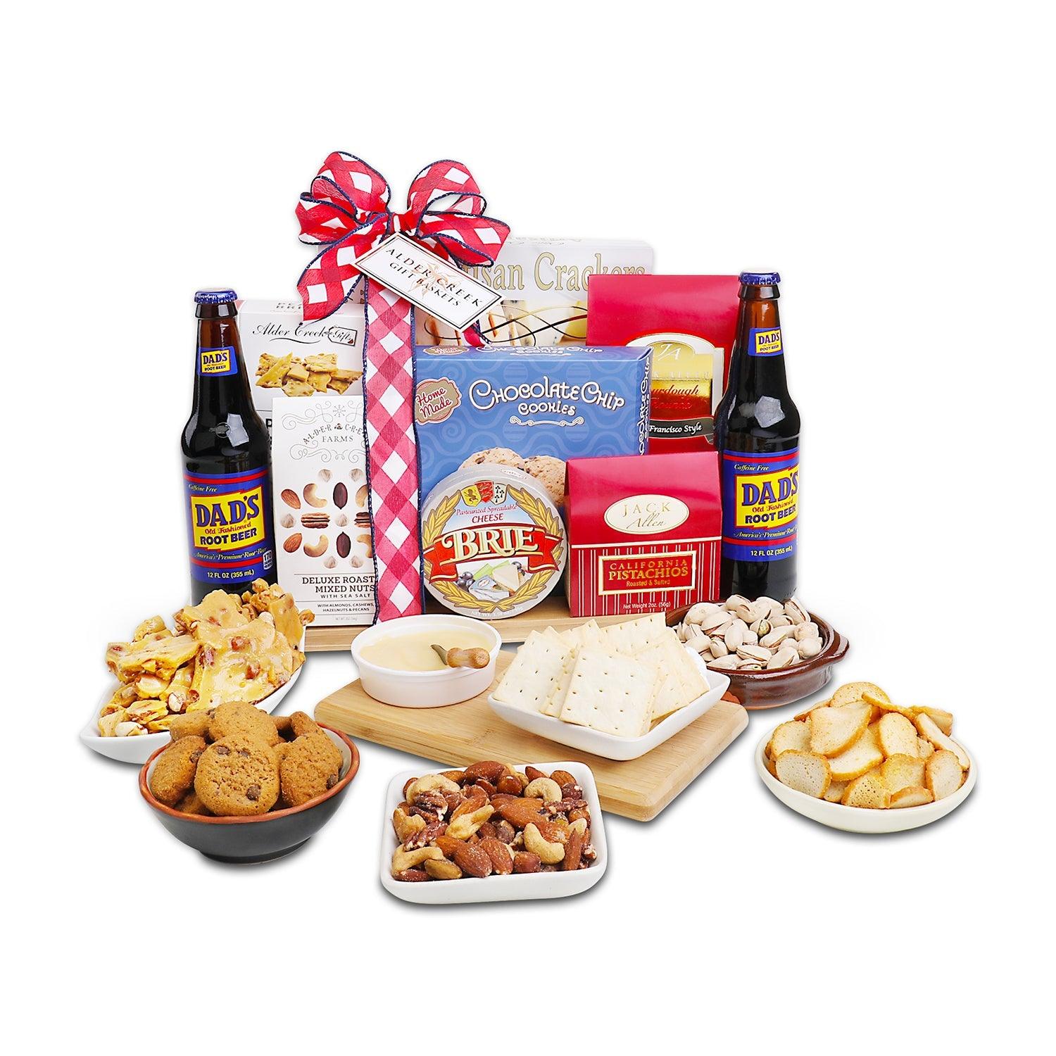 Summer Celebrations cutting board gift with brie, crackers, cookies, chocolate chip snacks