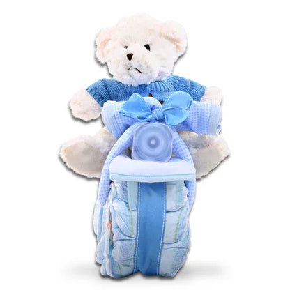 Motorcycle diaper cake boy gift: standing plush teddy in blue sweater and bow, diaper roll