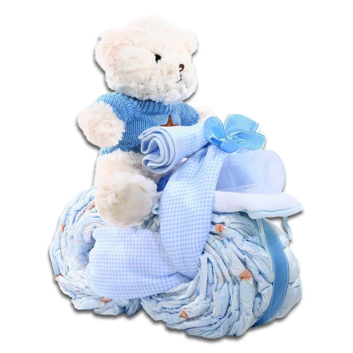 Motorcycle diaper cake with plush bear, blue sweater, ribbon, rolled diapers and booties