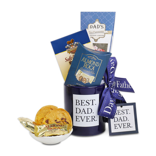 Dark blue gift mug with 'Best Dad Ever' label, wrapped chocolates and tag