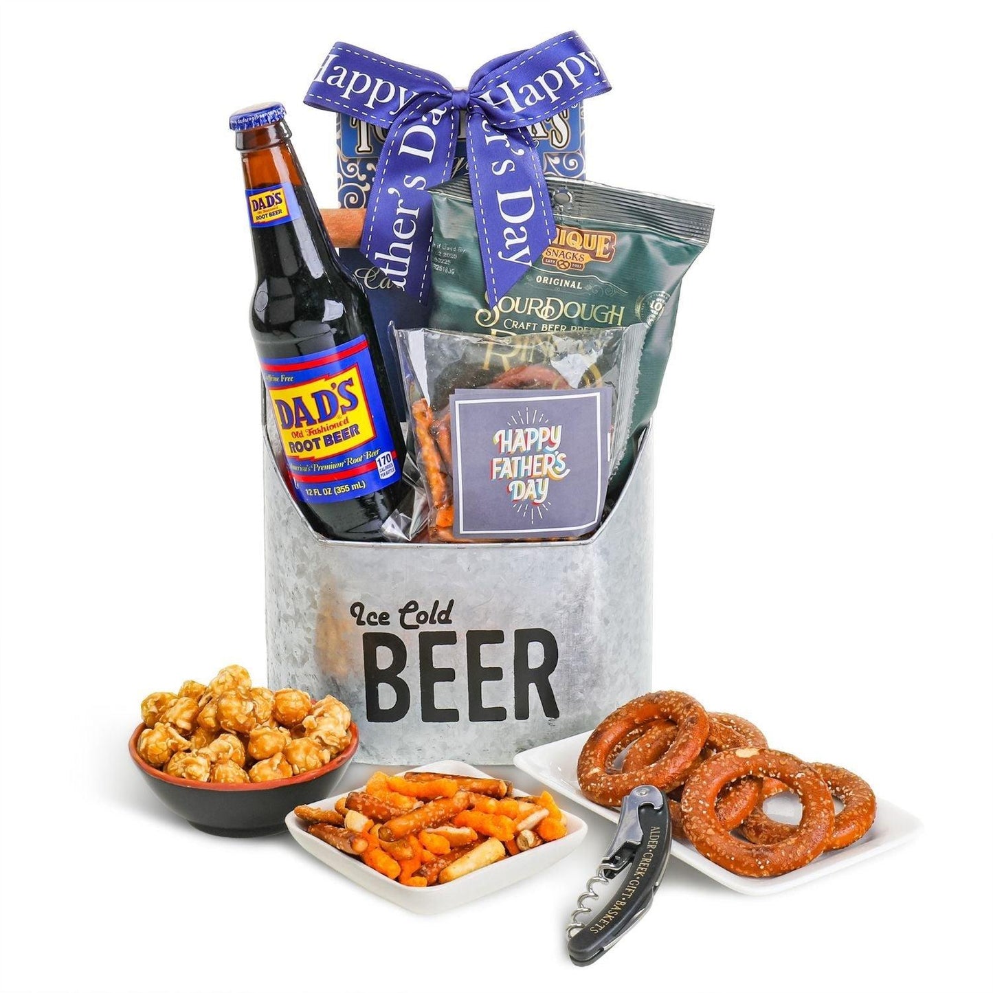 Father’s Day gift basket with ribboned beer snacks in a metal pail