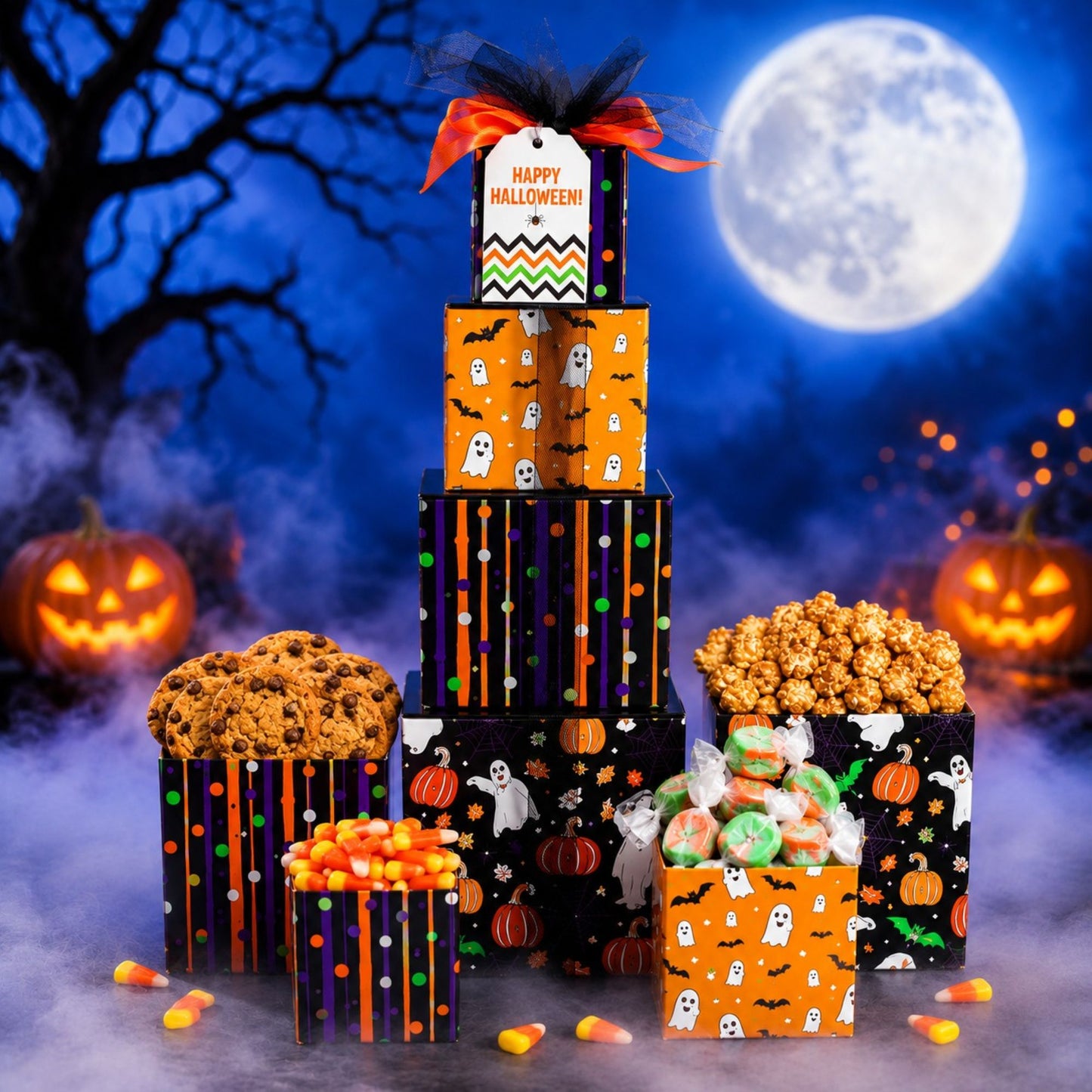 Halloween treat gift tower with stacked patterned boxes, orange ribbon bow and candy contents.