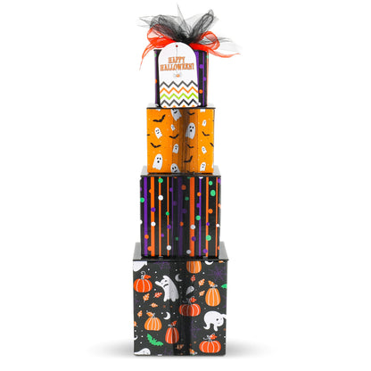 Halloween treat gift tower with stacked boxes, orange and black Halloween prints, topped with bow.