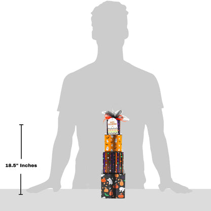 Halloween treat gift tower, 18.5-inch height; stacked boxes with orange ribbon and Halloween prints.