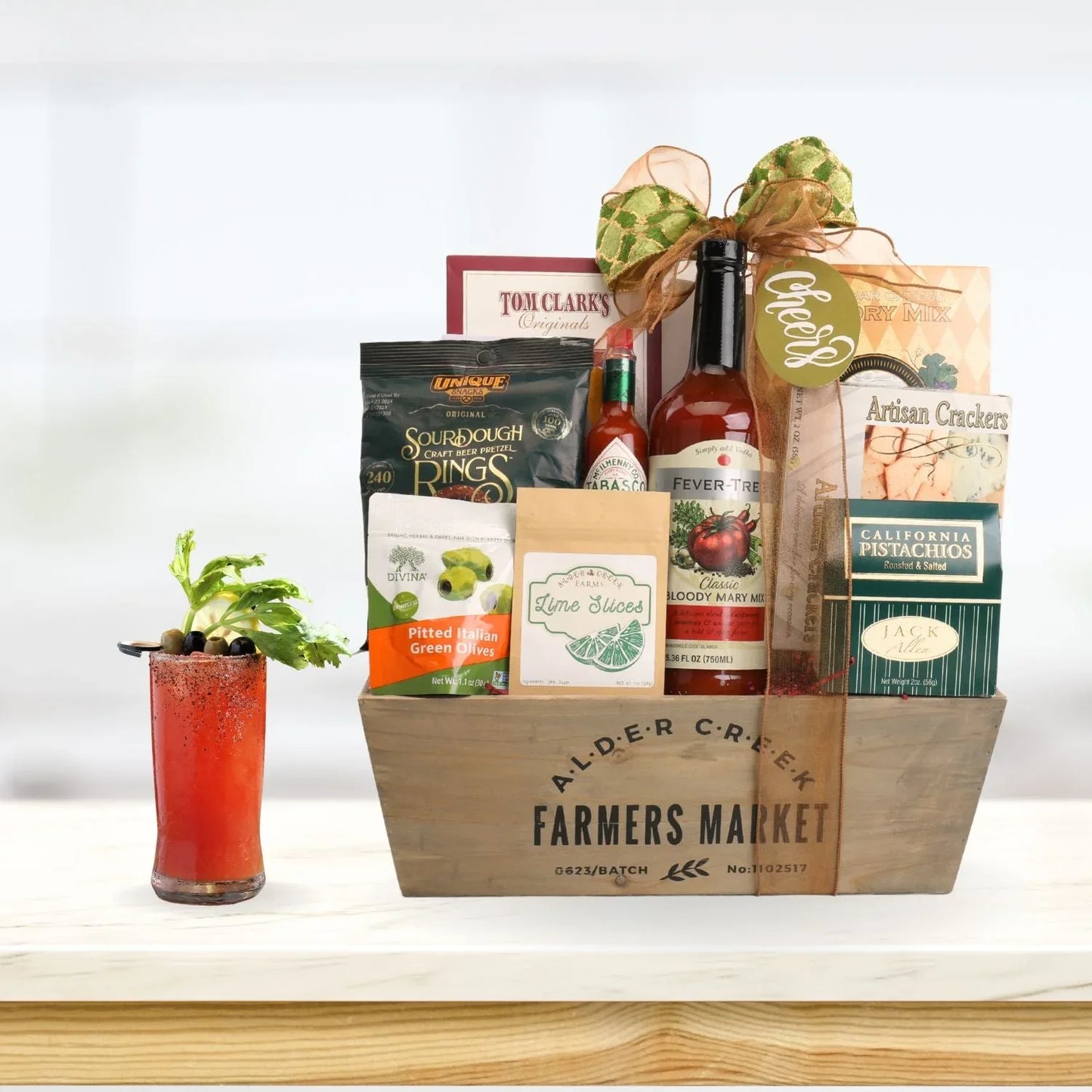Farmers Market Bloody Mary gift basket in wooden crate with bottle, lime slices and mix