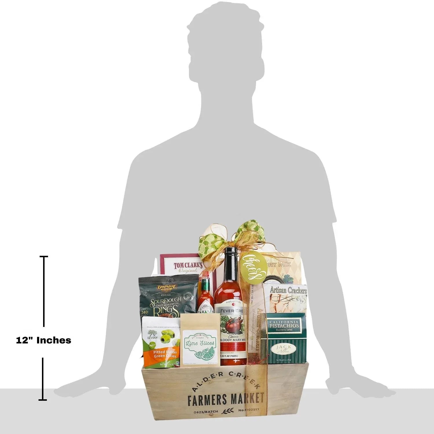12-inch Farmers Market Bloody Mary gift basket in wooden crate with bottle and snacks