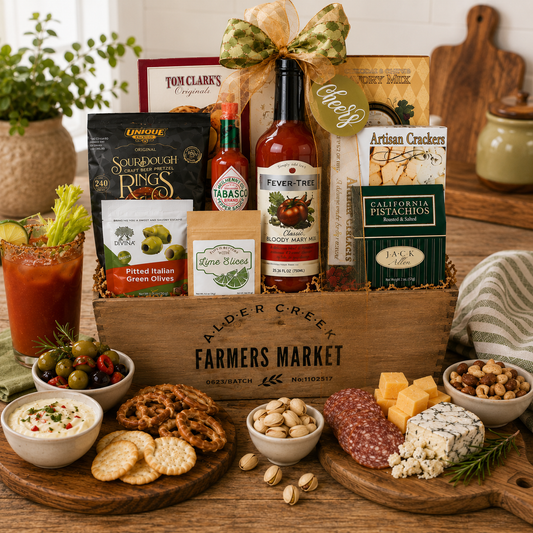 Farmers Market cocktail gift basket with bow, wooden crate, bottles, crackers, olives