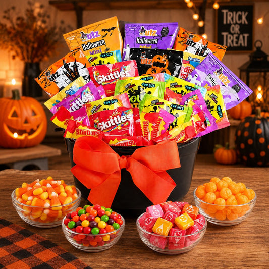 Halloween treat gift basket in black cauldron with orange bow and candy bags plus 3 candy bowls
