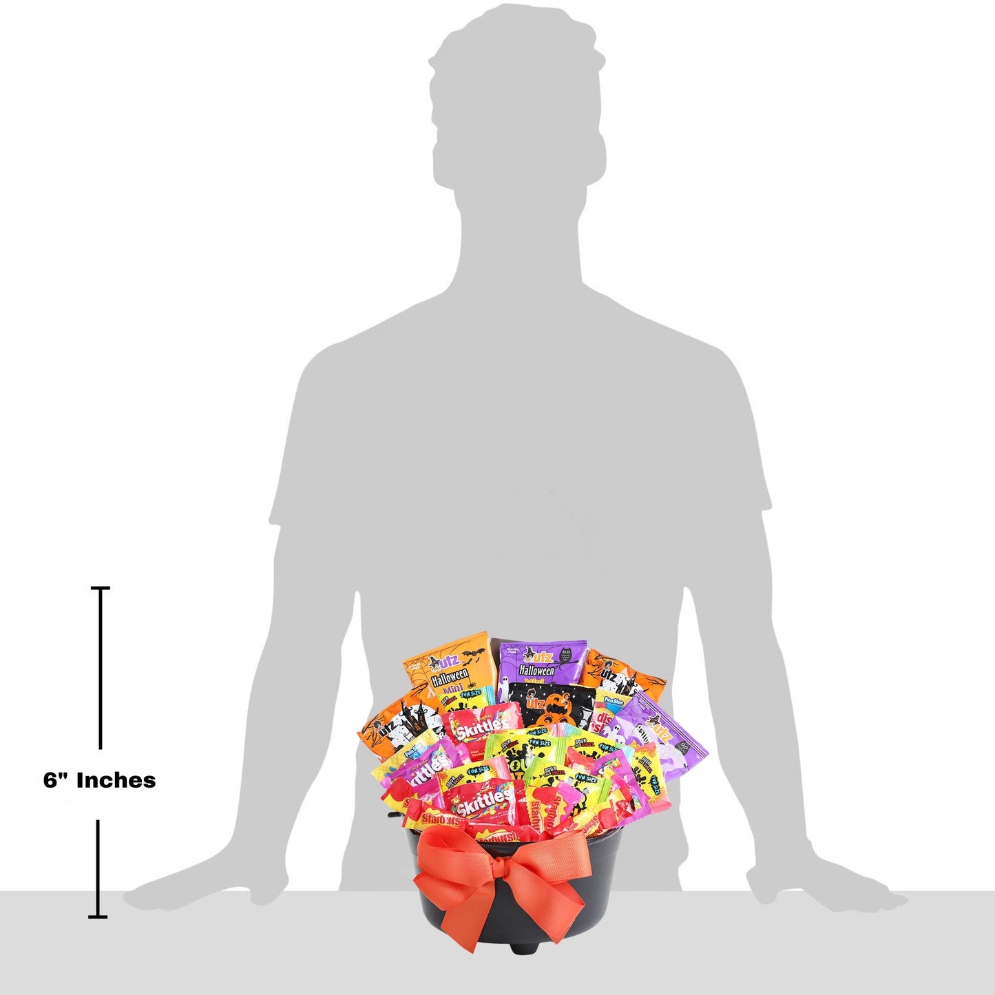 6-inch tall Halloween treat gift basket in black cauldron with orange bow