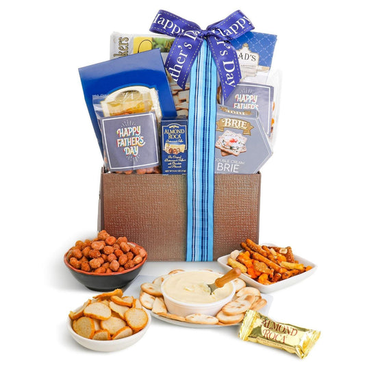Father's Day Snack & Savor gift basket with blue ribbon, crackers, brie and almond roca