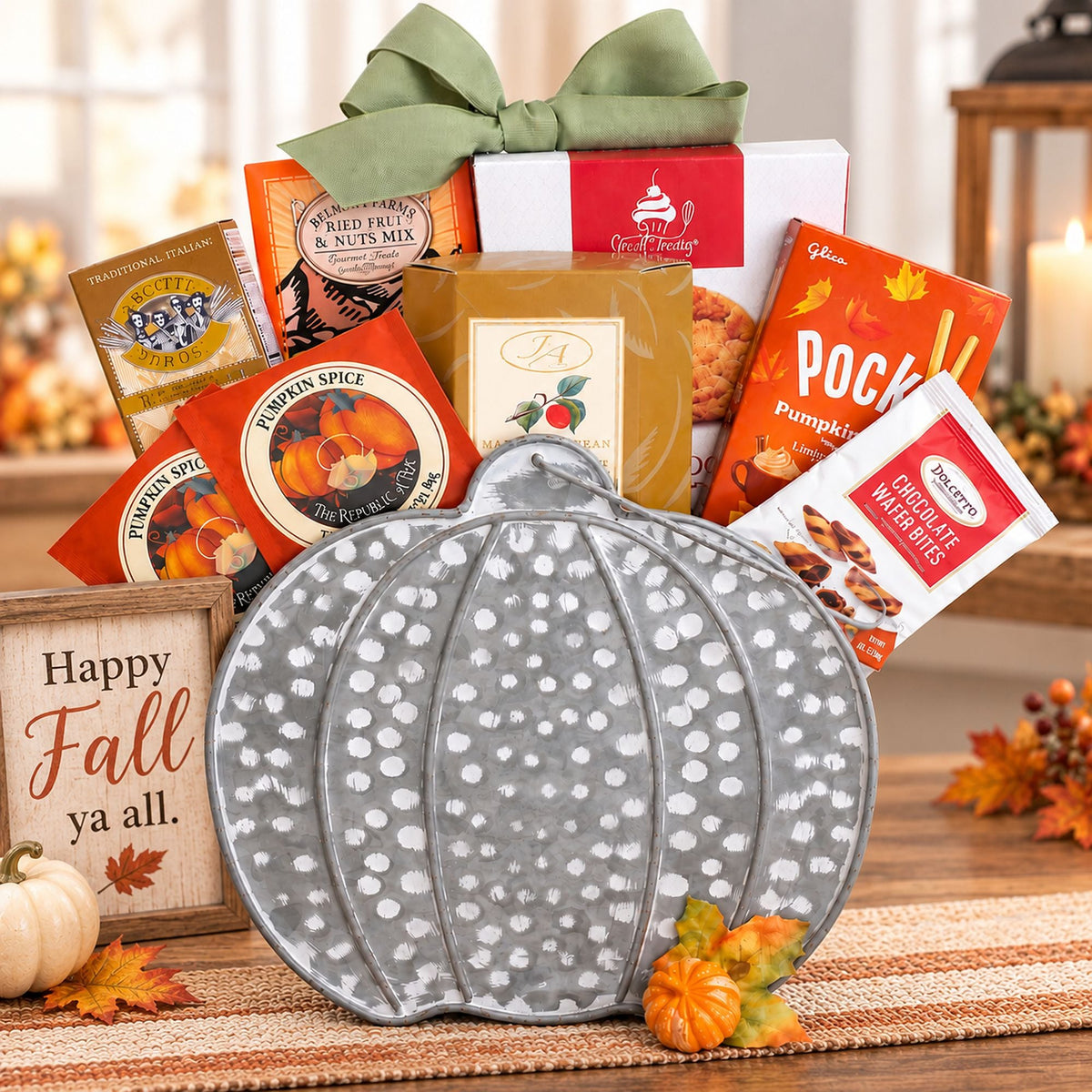 Fall snack gift basket with green bow and gray polka-dot pumpkin tin, assorted cookies and tea