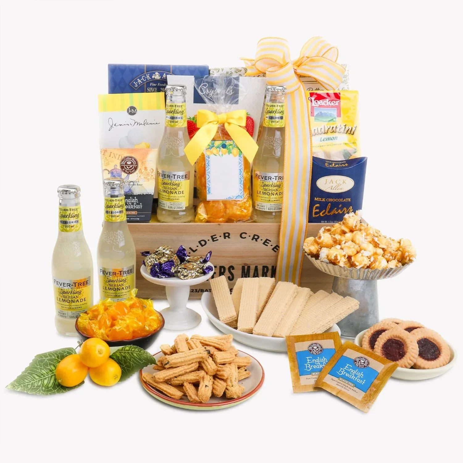 Sunshine is for Lemonade gift basket: lemonade bottles, cookies, and snack assortment