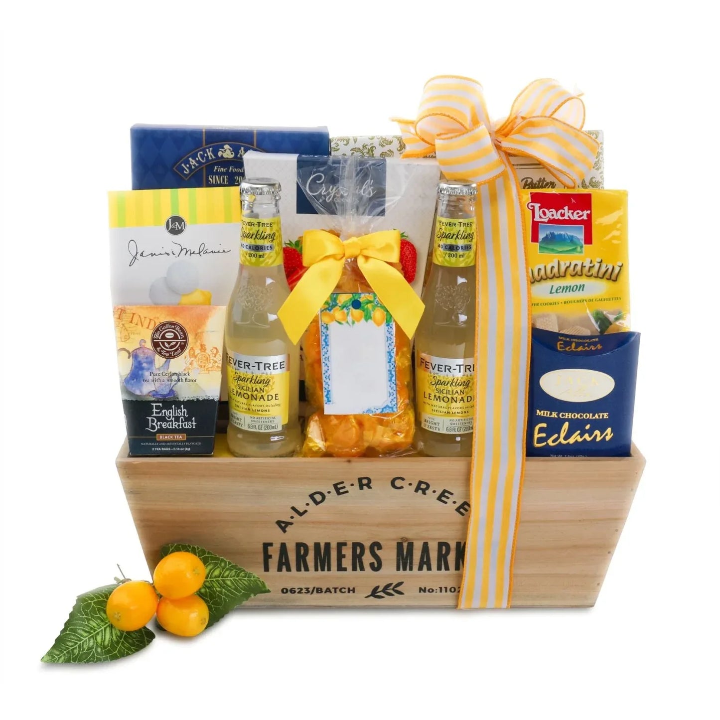 Sunshine is for Lemonade gift basket in wooden crate with striped ribbon and treats